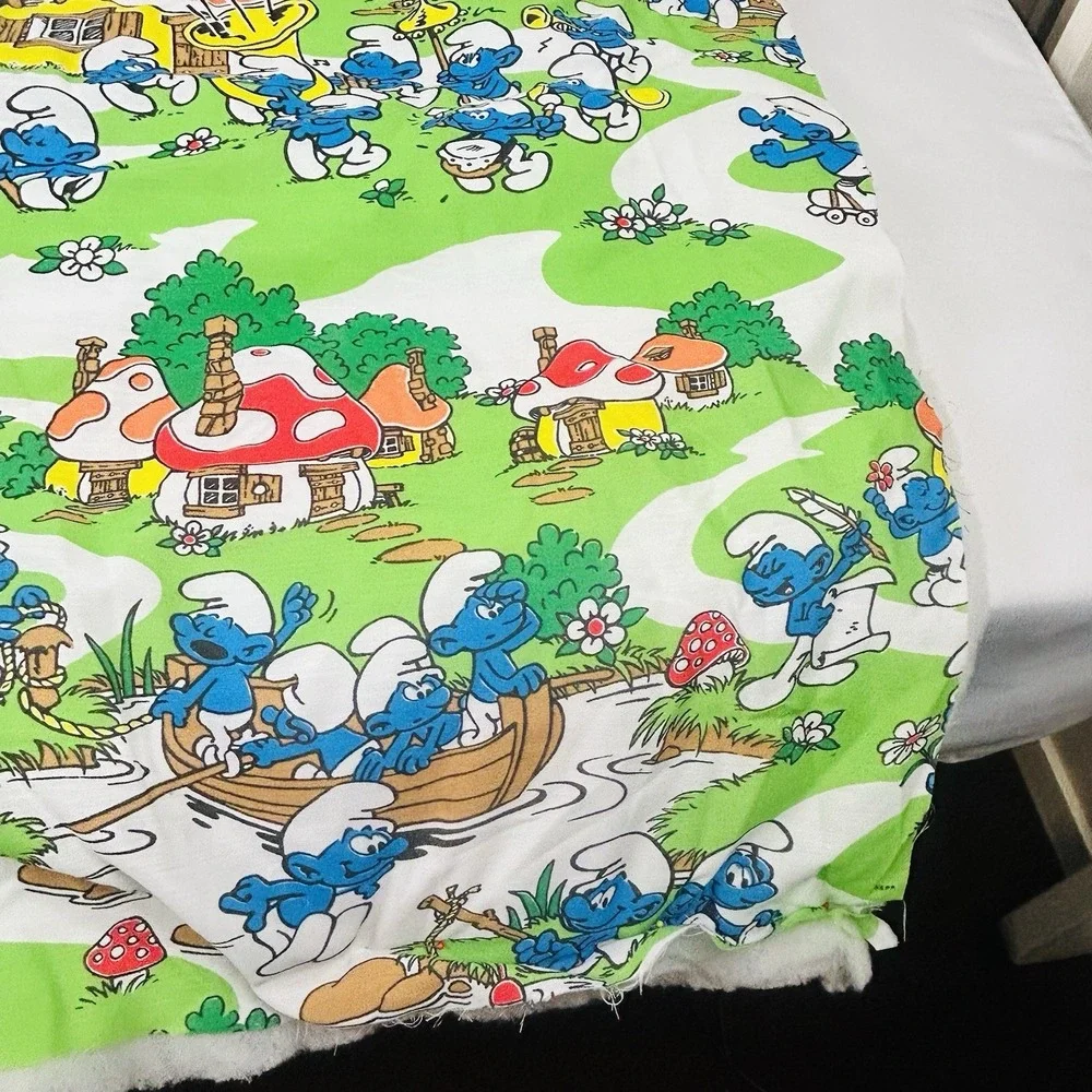 Vintage Smurfs Baby Blanket Quilt Project Unfinished Edges 48x42 Handmade 80s